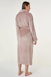 Back view of a blush/dusty pink ladies' cut microfleece plush robe.