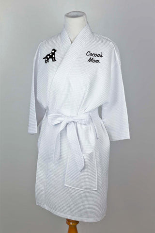 White waffle robe with large-breed dog in applique with name/title on opposite side