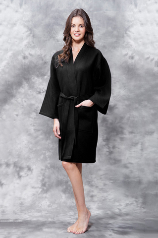 Black knee-length waffle fabric robe.