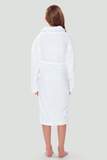 Back view of a white youth microfleece plush robe.